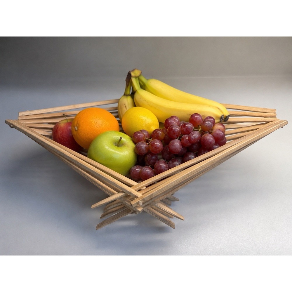 Mid Century Modern Folding Wooden Slat Fruit Basket Expandable Trivet 12"